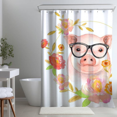 Happy Little Pig – Farm Animals Yellow – Polyester Shower Curtain, Dye Sublimation Print, 71" W × 74" L