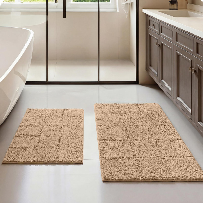 Brentwood Non-Slip Checkered 100% Premium Cotton Bathroom Rug Set, Taupe