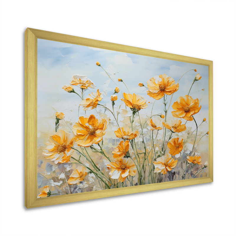 Charme de souci jaune discret II sur toile, Cadre doré simple, H 24 po x l 32 po x P 1 po