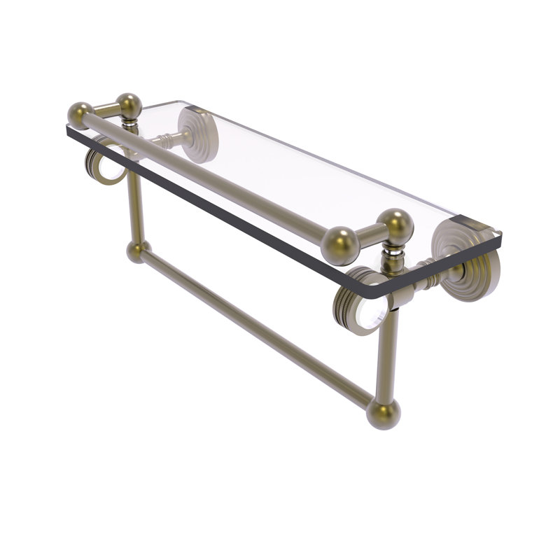 Tablette en verre avec barre de tour Jarrell, H 5,5 po x l 16 po x p 6,8 po, Laiton antique