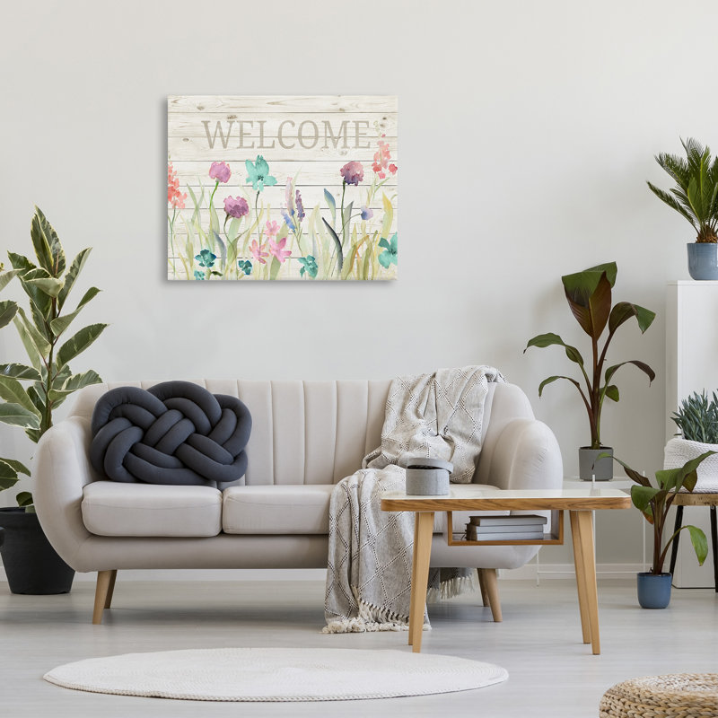 Welcome Sign Spring Wildflower Meadow Rustic Pattern, 30" H x 40" W