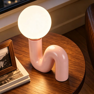 Pink S-Curve Ceramic Table Lamp with Frosted Glass Globe Shade, 15 Inch Tall