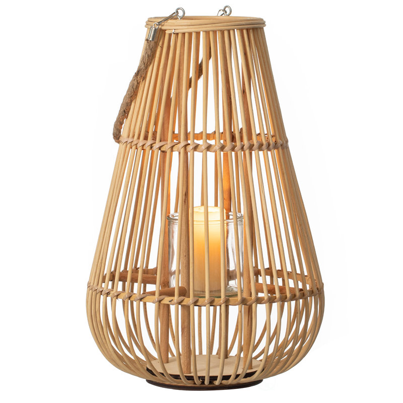  Handwoven Bamboo Lantern Candle Holder With Glass Insert And Rope Handle – Farmhouse Design Hanging Or Tabletop Lamp For Indoor And Outdoor Home Decor Shelves And Entryway Display