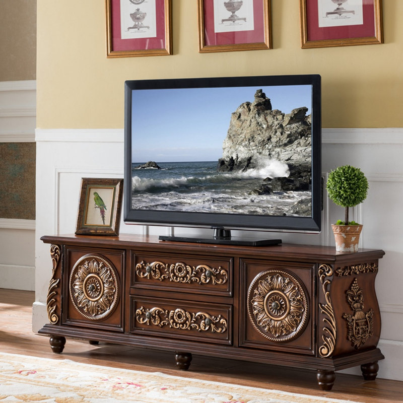 Vintage Carved Solid Wood TV Cabinet TV Stand for TVs up to 65", Brown