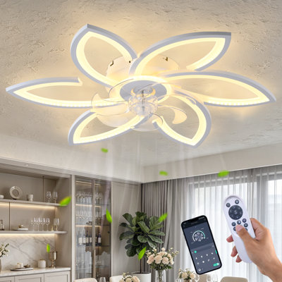 Ventilateur de plafond encastré discret de 30 po blanc à motif floral avec télécommande et éclairage