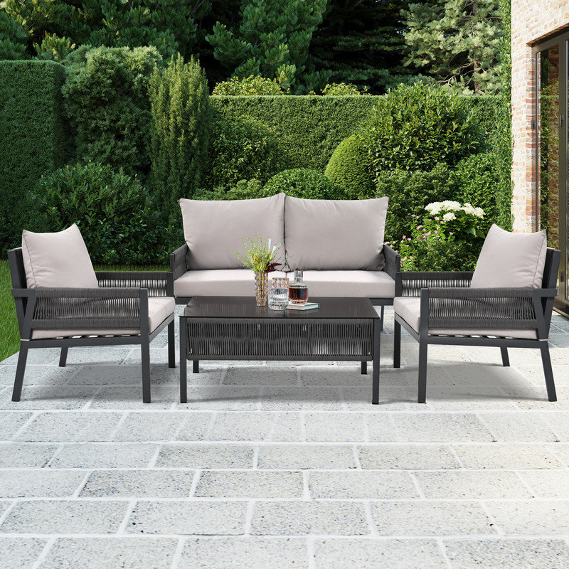 Ensemble de conversation d'extérieur pour 4 personnes avec coussins Degnan, Beige, Gris foncé