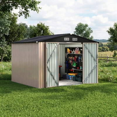 6 x 8 Ft Galvanized Steel Outdoor Storage Shed With Lockable Doors, Air Vents, and Sloped Roof for Patio Garden Gear