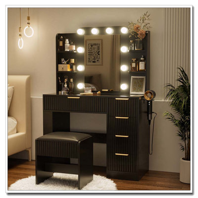 Vanity Table with LED Mirror, Charging Station, 5 Drawers and Stool