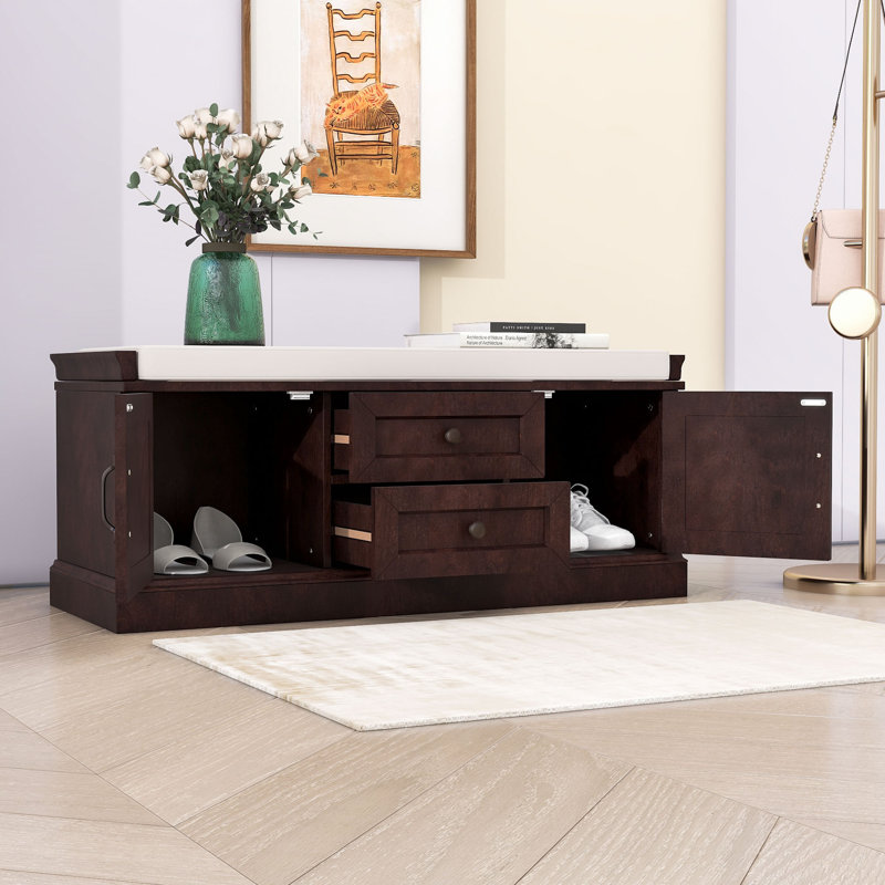 Storage Bench with 2 Drawers, 2 Cabinets and Removable Cushion for Entryway, Espresso