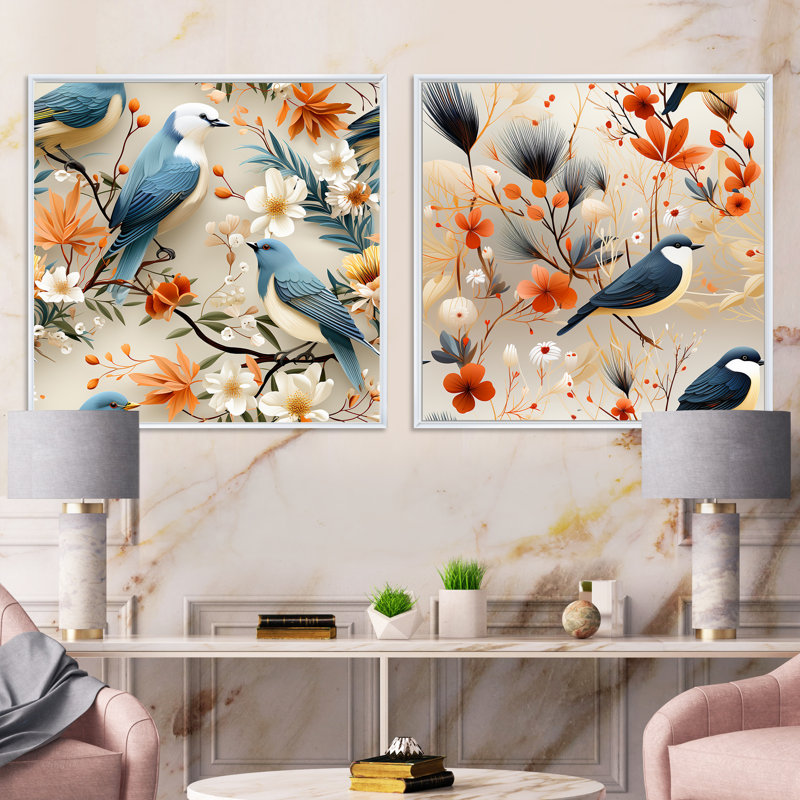 Collage Maelyss Birds On Branch, H 16 po x l 33 po, Cadre flottant blanc