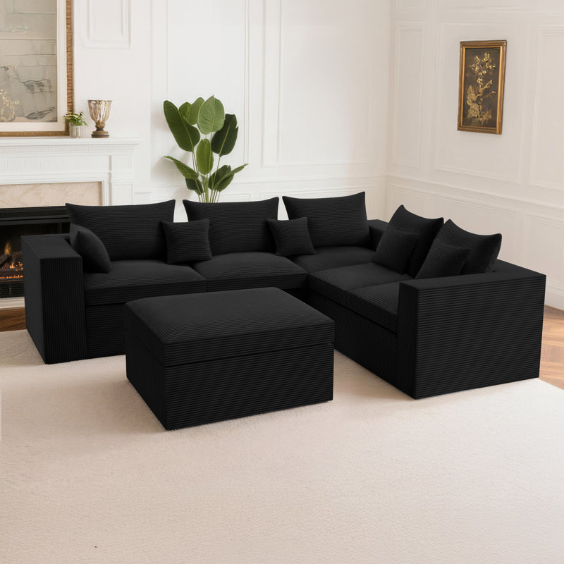 Boneless 96'' Modular Sectional Sofa Couches, 5 Seat U-shaped Cloud Boneless Couch With Deep Seat, Comfy Memory Foam Corduroy Couch With Ottoman, Floor Sofa For Living Room Bedroom