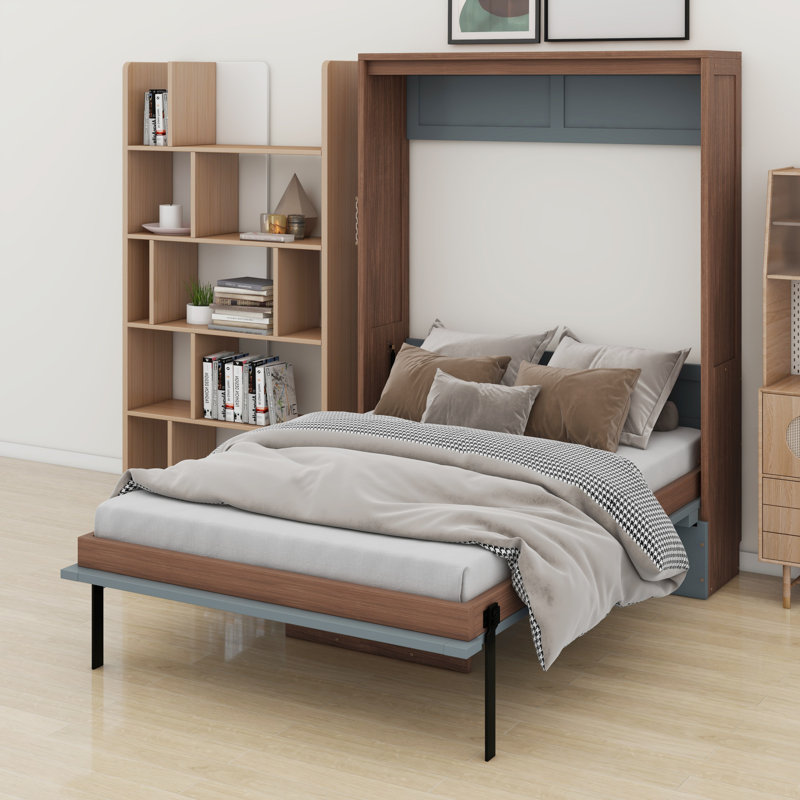 Lit escamotable avec bureau escamotable Murphy, Noyer / gris