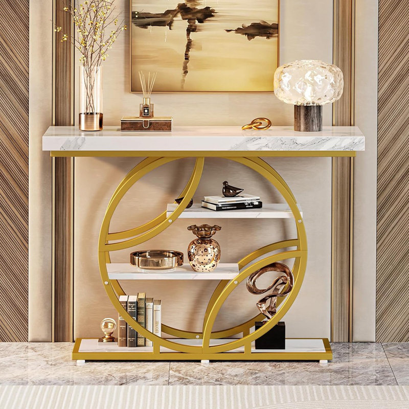 Entryway Console Table With Marble Top – White Marble/Gold