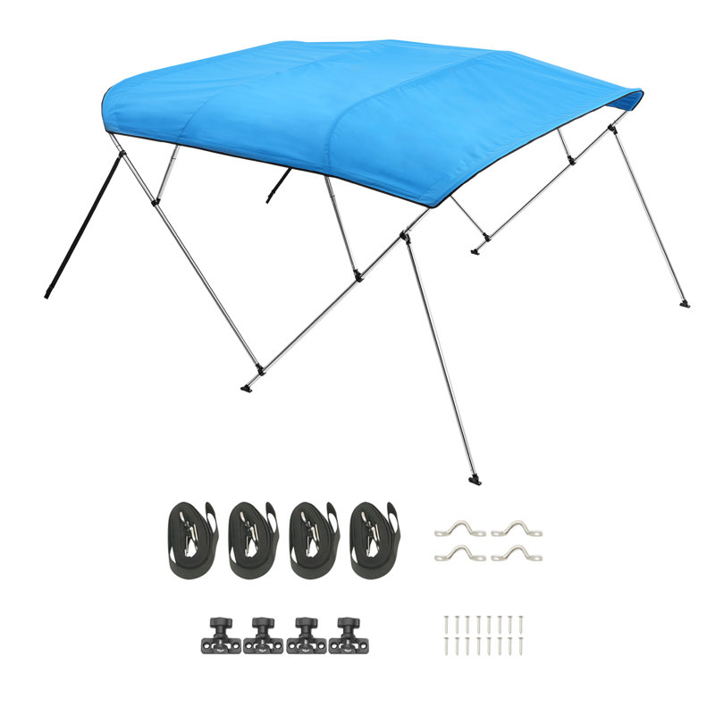 3 Bow Boat Bimini Top, 600D Polyester Canopy with Aluminum Alloy Frame, Waterproof & Sun Shade Boat Awning Canopy with Storage Bag, 2 Support Poles, 4 Straps, 72"Lx(73"-78")Wx46"H, Pacific Blue