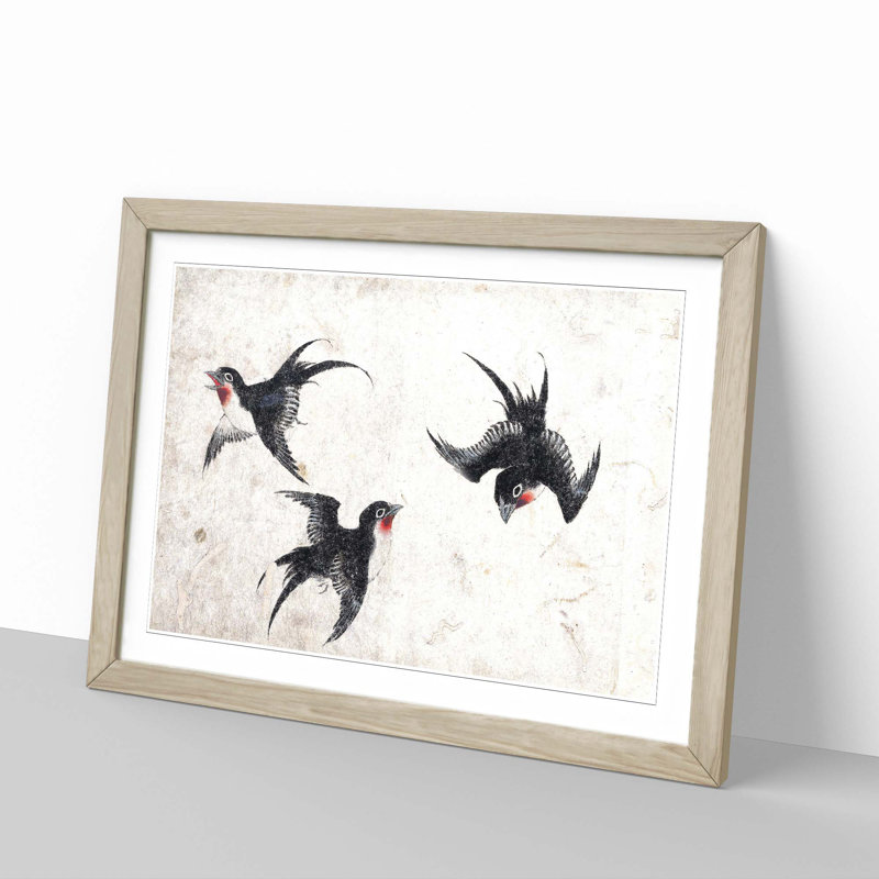 Three Swallows by Katsushika Hokusai - Picture Frame Painting Print, Oak Framed, 27cm H x 36cm W x 2cm D