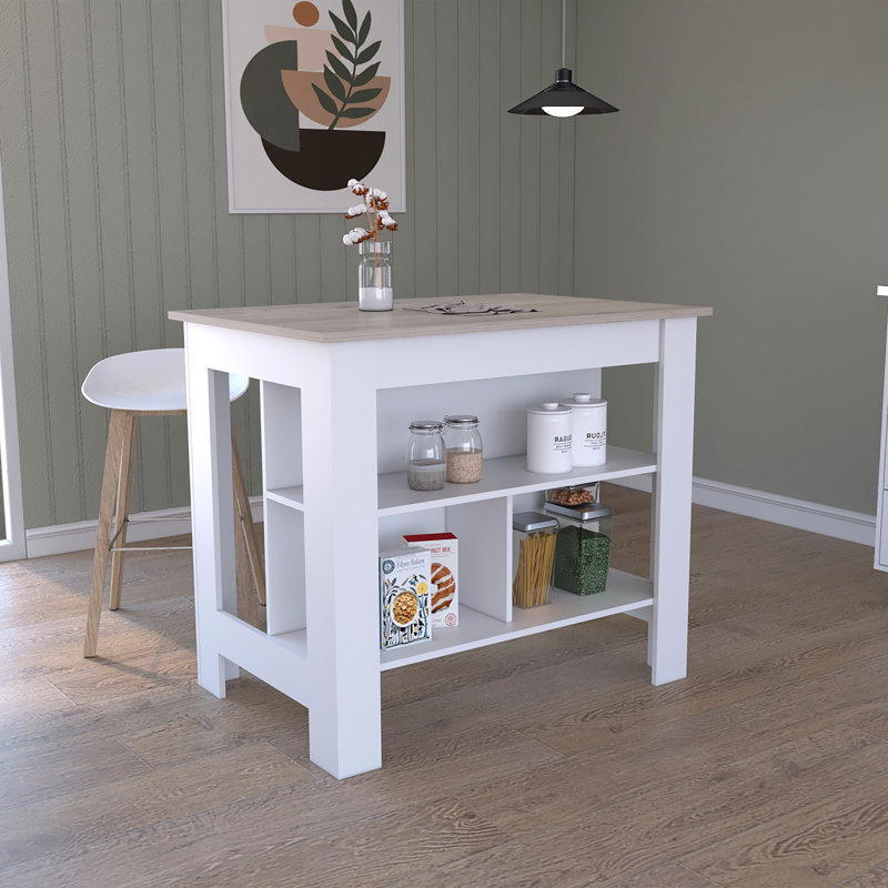 Modern Kitchen Island Antibacterial, Three Shelves, Four Legs  -Light Grey / White