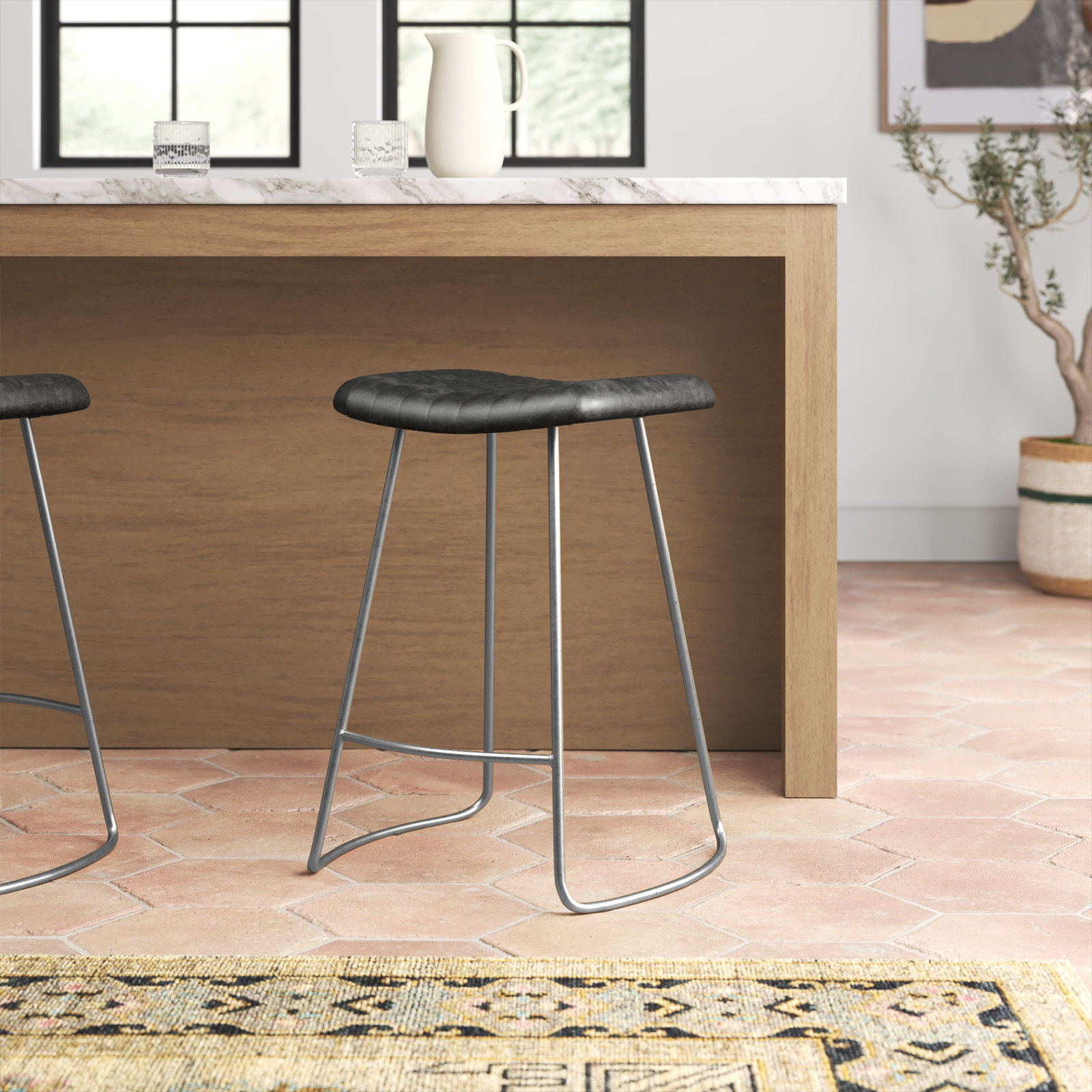Marianna 30" Bar Stool, Counter Stool (25.5" Seat Height), Natural Genuine Leather / Antique Brass Frame