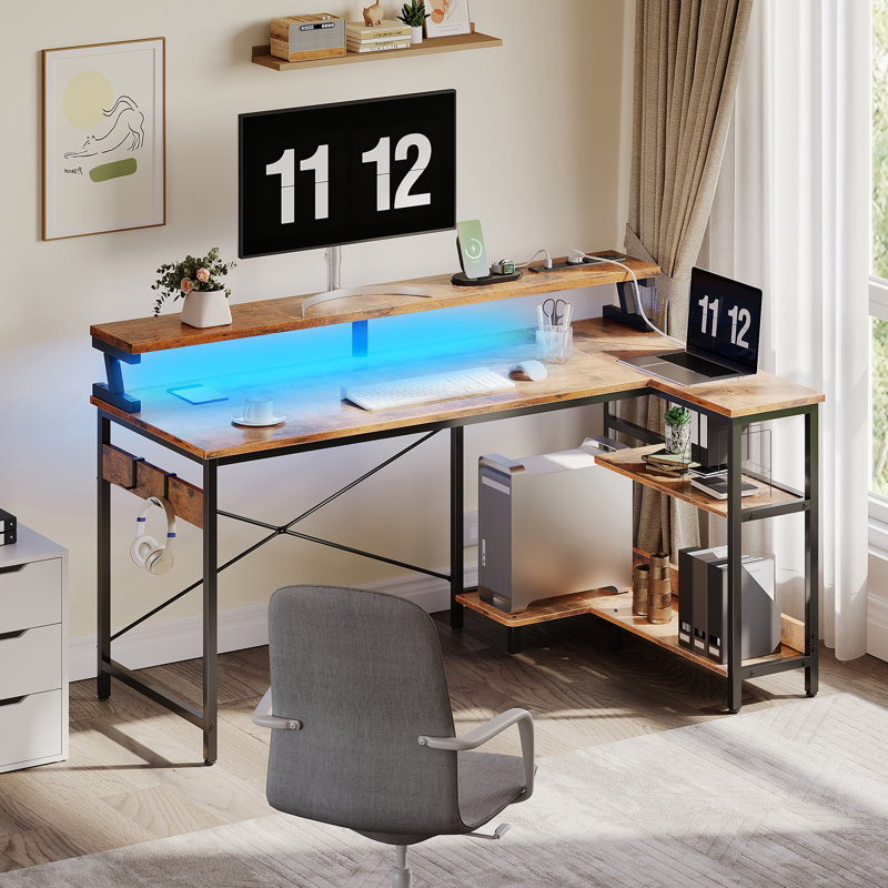 Gaming Desk With Led Strip, Computer Desk With Cpu Stand And Monitor Shelf,l-shaped Writing Desk With Versatile Iron Hooks And Ample Storage Space, Home Office Desk With Built-in Power Outlets