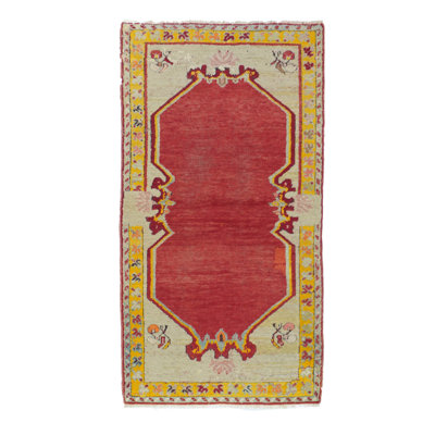 Tapis jaune / rouge en laine noué à la main de conception unique 2 pi 4 po x 4 pi 6 po