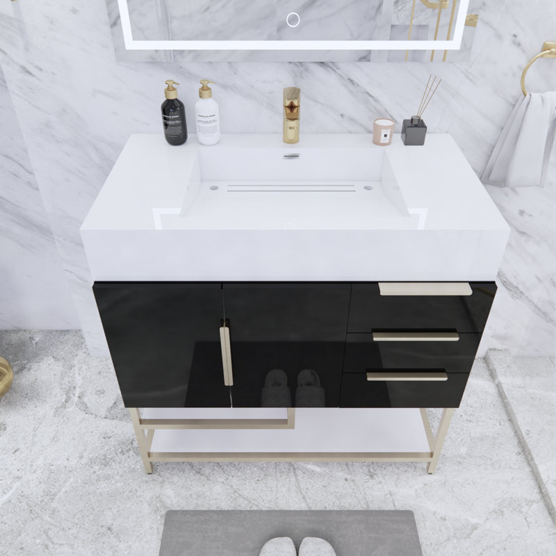 Glasgow 35.5'' Single Bathroom Vanity with Acrylic Top, High Gloss Black, Glossy White