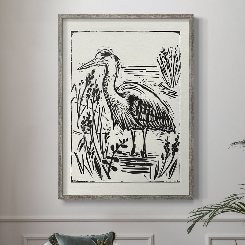 Linocut Style Seabird I, reproduction encadrée - bois massif, H 30 po x l 24 po