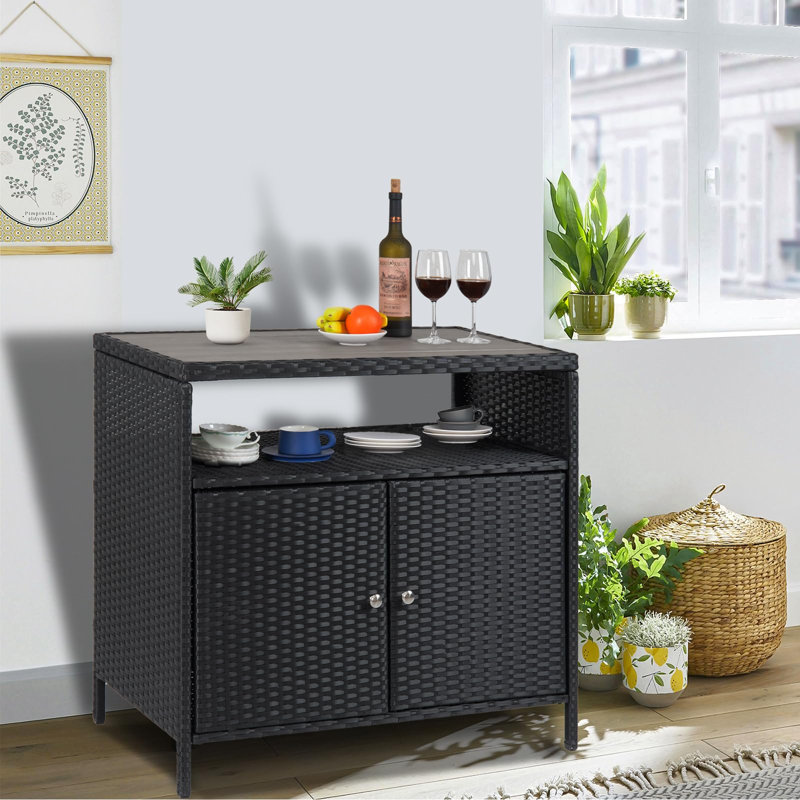 Armoire de rangement pour patio en osier avec tablette, acier thermolaqué, table de bar avec 2 portes et tablette, Gris