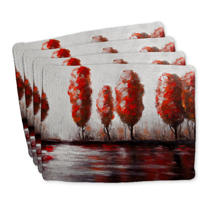Braided Polyester Placemats Set of 4 - Red Trees by the Lake