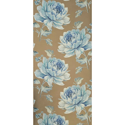 Bronze Metallic Blue Floral Large Peony Blossom Flowers Biedermeier Wallpaper 3d