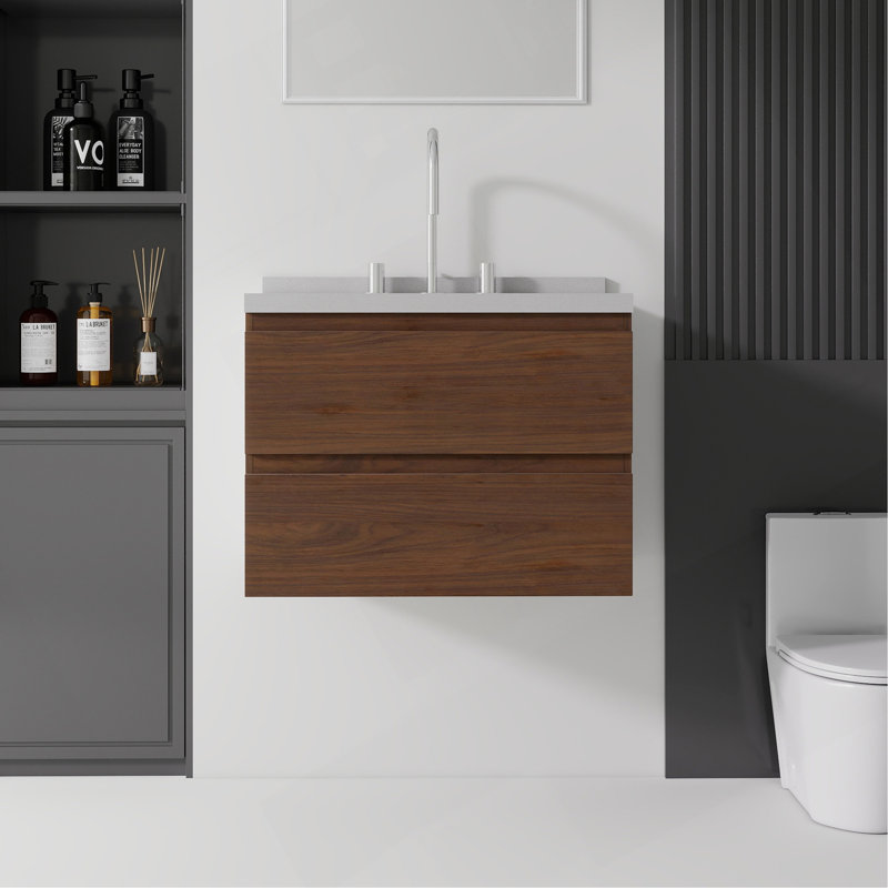 Meuble-lavabo suspendu de 61 cm avec lavabo, tiroir à fermeture amortie, comptoir et dosseret en marbre synthétique blanc granité de 5 cm, contreplaqué