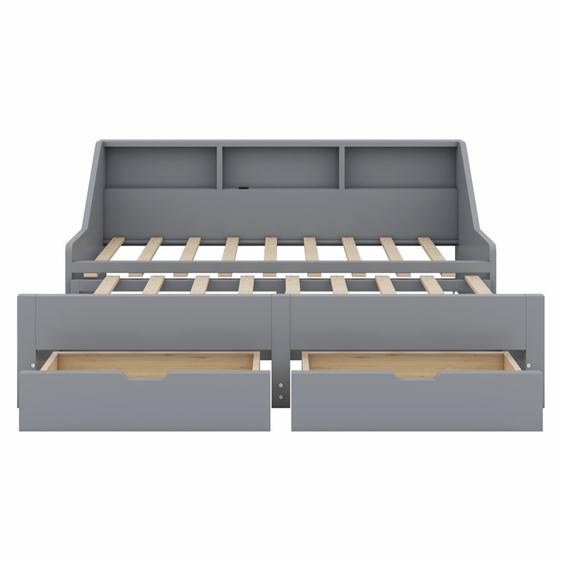 Daybed Frame With Storage Bookcases And Two Drawers,Charging Design, Gray
