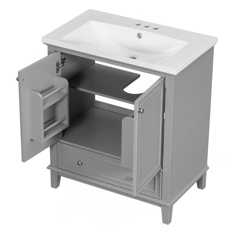 Ensemble de meuble-lavabo multifonctionnel avec portes et tiroir 30 po avec cadre et panneau de fibres à densité moyenne, gris