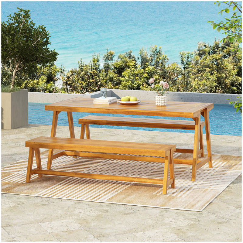 Ensemble de table de pique-nique d'extérieur 3 pièces, ensemble de salle à manger de patio contemporain en bois d'acacia avec bancs - toutes saisons et compact pour balcon, terrasse, camping