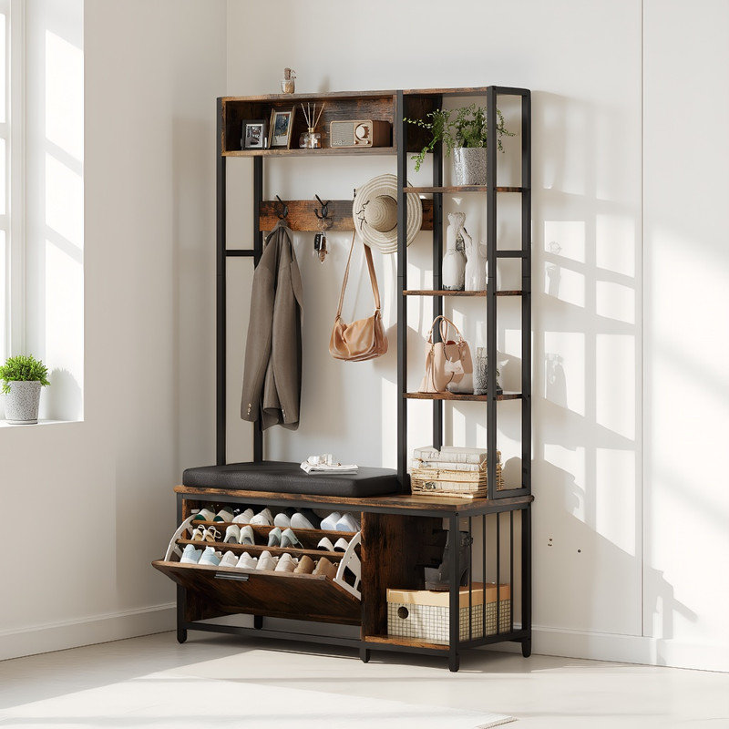 All-in-One Entryway Storage with Bench – Flip Shoe Cabinet, Cubbies & Shelf, Brown