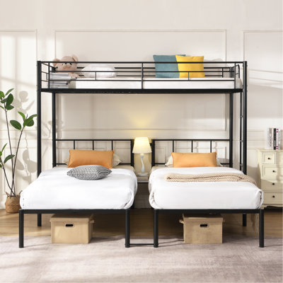 Twin Over Twin Over Twin Bunk Bed ,Triple Bunk Bed With A Vertical Ladder, Metal Frame Bunk Bed With Safety Rail, Twin Over Twin Over Twin Triple Bunk
