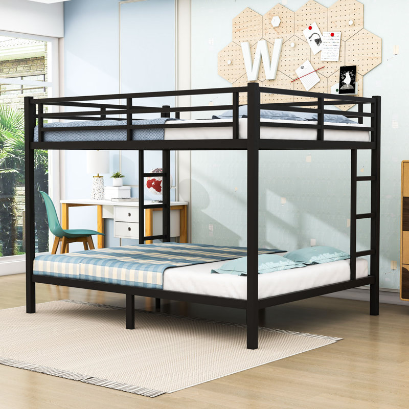 Queen Over Queen Metal Bunk Bed With Dual Ladders And Under Bed Storage Space