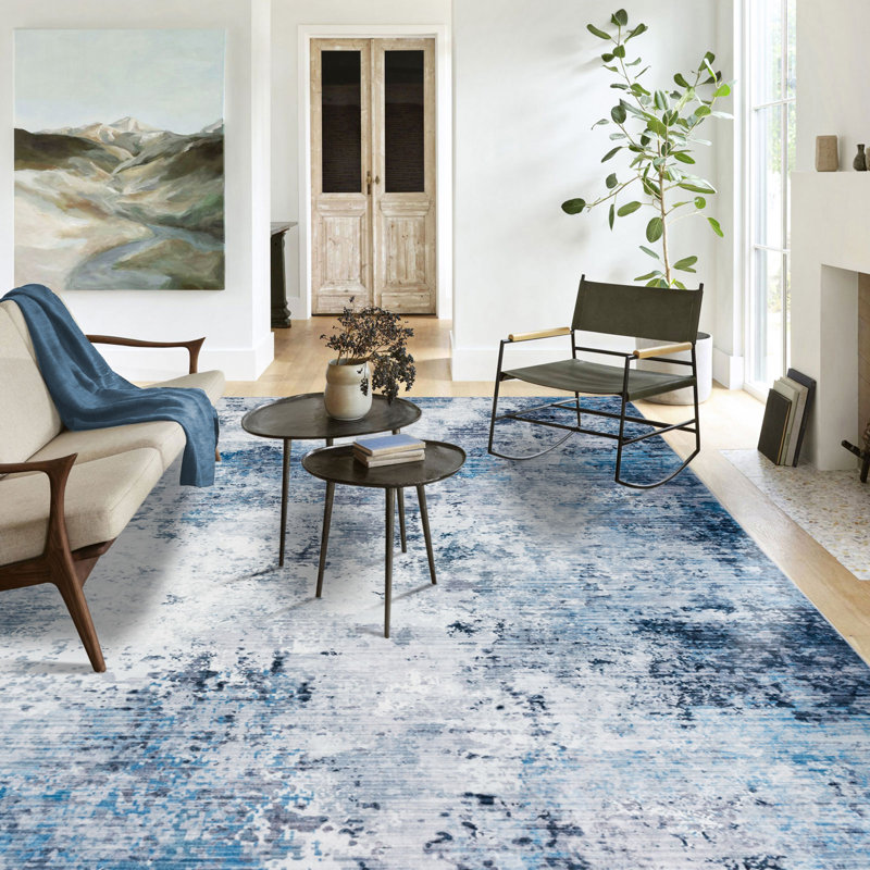 Janna Machine Washable Modern Abstract  Design Performance  Area Rug Blue Gray/Ivory, Rectangle 7'6" x 9'6"