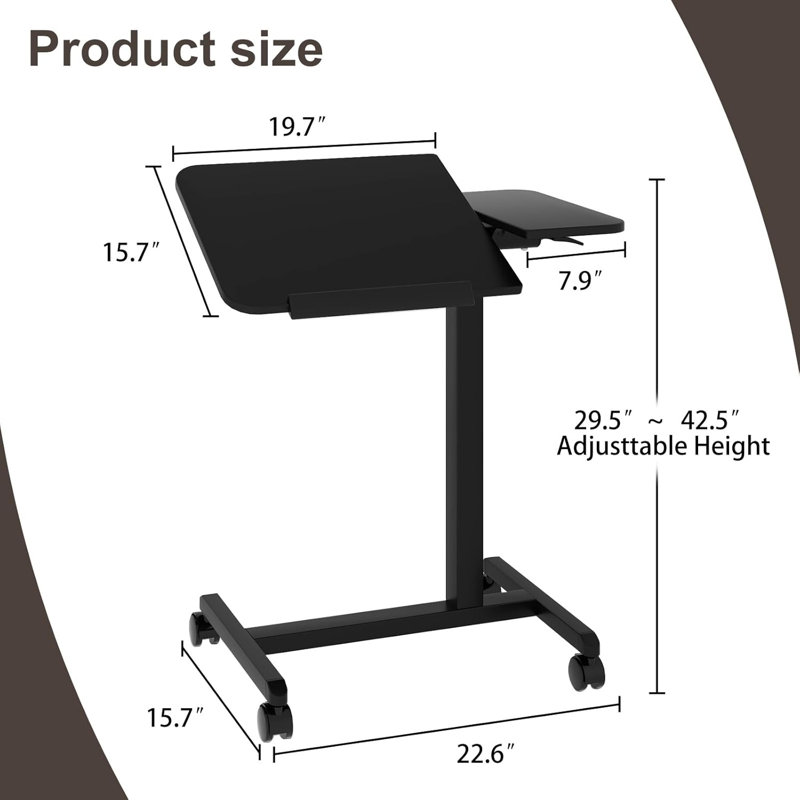 Adjustable Tilt Overbed Bedside Table With Wheels Mobile Laptop Standing Desk, Black