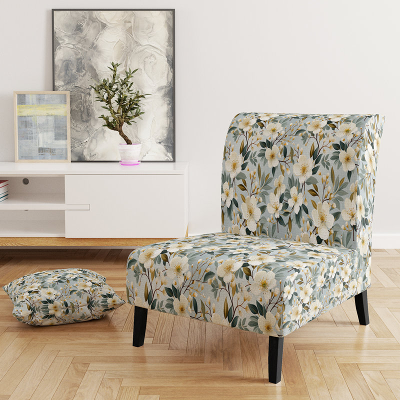 White Poppies Minimalist Floral Elegance - Upholstered Cottage Accent Slipper Chair