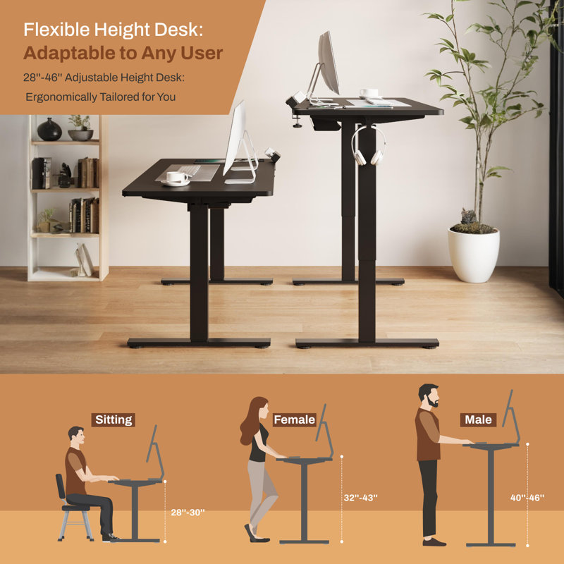 Adjustable Standing Desk, Whole-Piece Desktop, Black, 60" W x 24" D