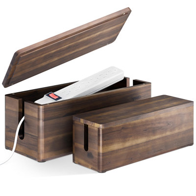 Acacia Wood Large Cable Management Box Round Edge - Set of 2 Cord Box Hider for Home, Office
