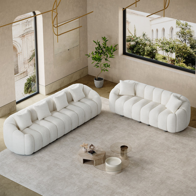 Ensemble de canapé de salon moderne en chenille capitonné, Blanc beige