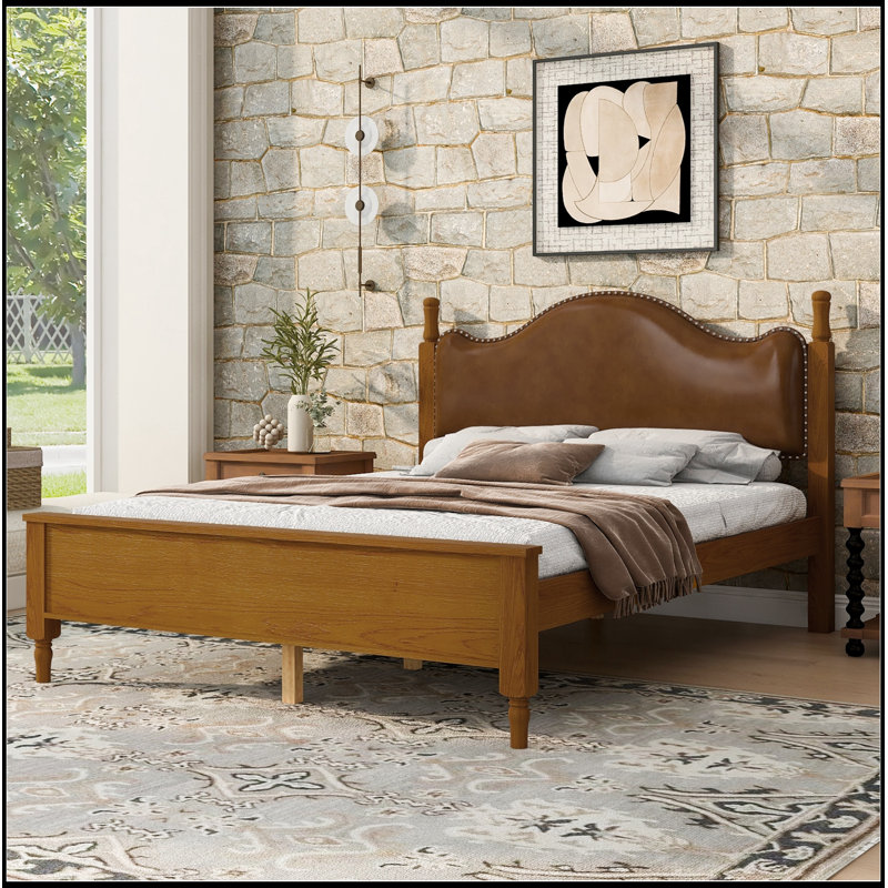 Grand lit plateforme en bois avec tête de lit tapissier, Brun