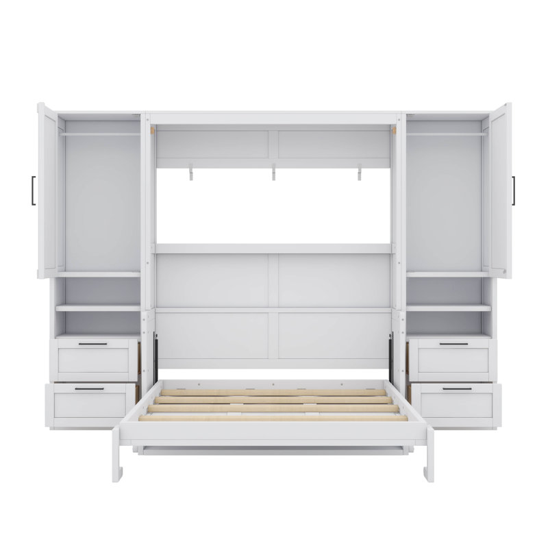 Lit escamotable 4 tiroirs avec garde-robe et tablettes, Full, Blanc