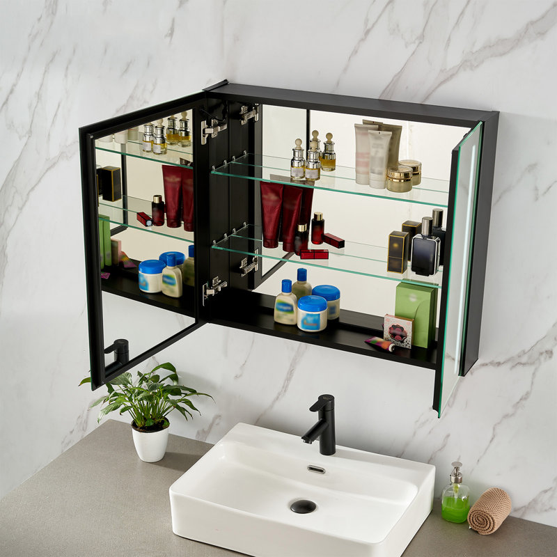 75 mm W 65 mm H Wall Mounted Framed Mirrored Bathroom Cabinets 3 Shelves with Mirror