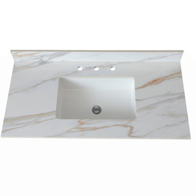43  Marble Vanity Top, Bathroom Vanity Top With Undermount Rectangular Middle Sink And 4" Height Backsplash, Pre-Drilled 8  Faucet Hole Spread Vanity Top, Carrara White With Veins