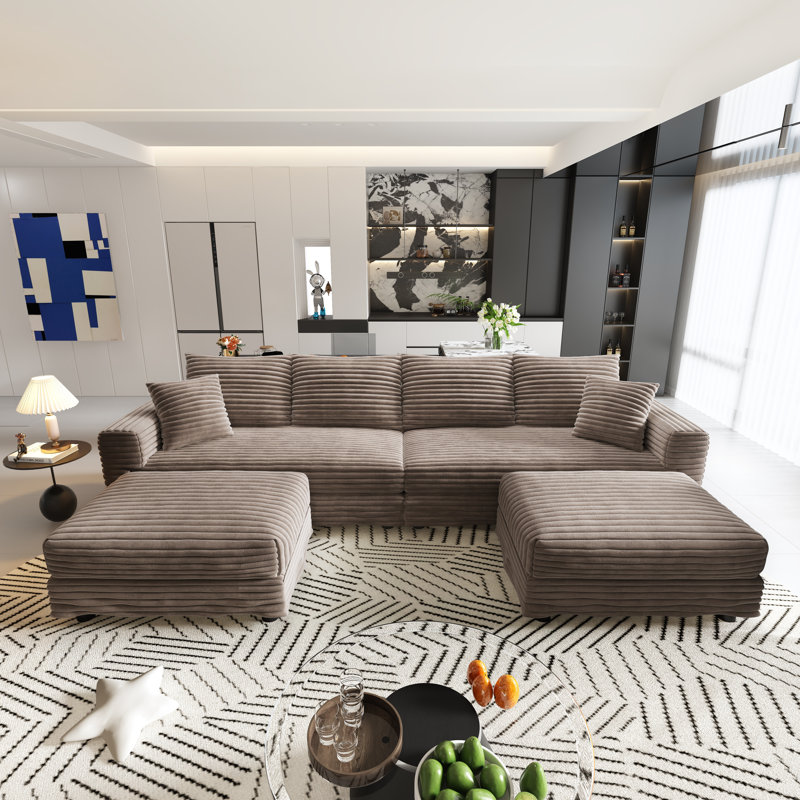 Fauteuil brun, Cloud Comfort, en velours côtelé, avec coussins décoratifs et pouf, entièrement recouvert de tissu, pour salon