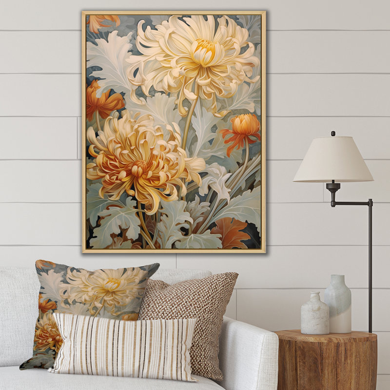 " Blooming White Orange Chrysanthemum Retro Art ", 32" H x 16" W x 1" D, Natural Floater Frame