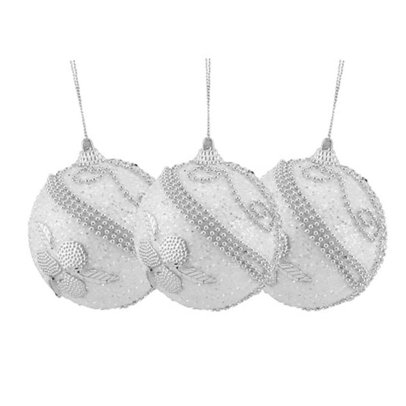 Ornements en forme de boule de Noël incassable de 3 pi (75 mm) avec perles blanches et argent 3 carats