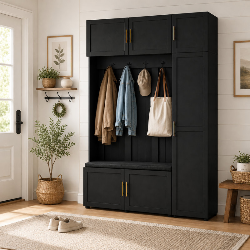 Entryway Storage Bench Hall Tree With Padded Bench, Shoe Cabinets, Hooks, And Multi-Tier Storage Shelves, Black