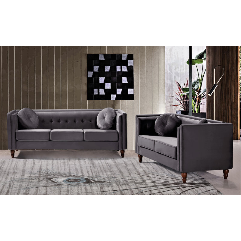Tufted Classic Design Velvet Upholstery 2-Piece Living Room Set, Velours gris